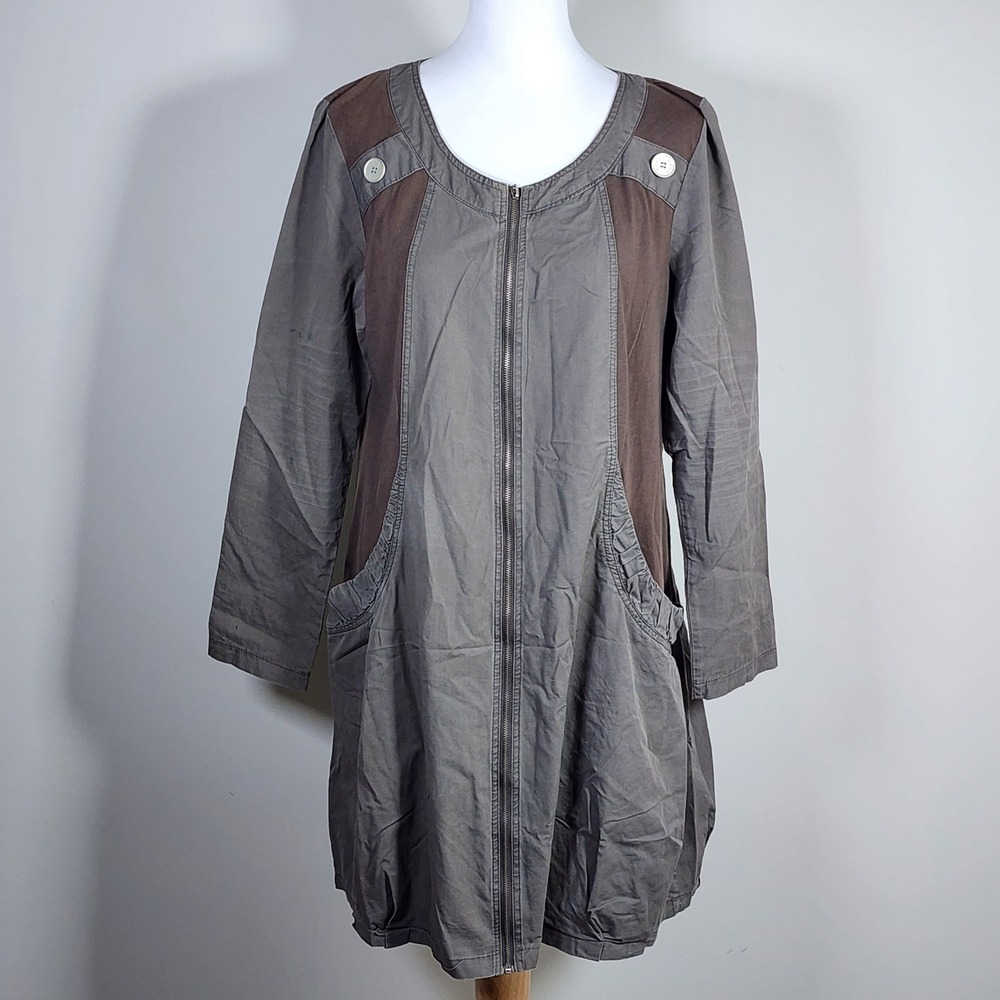 SMYF Zip Up Tunic Dress Womens Medium Brown Gray Long Sleeve Lagenlook Boho